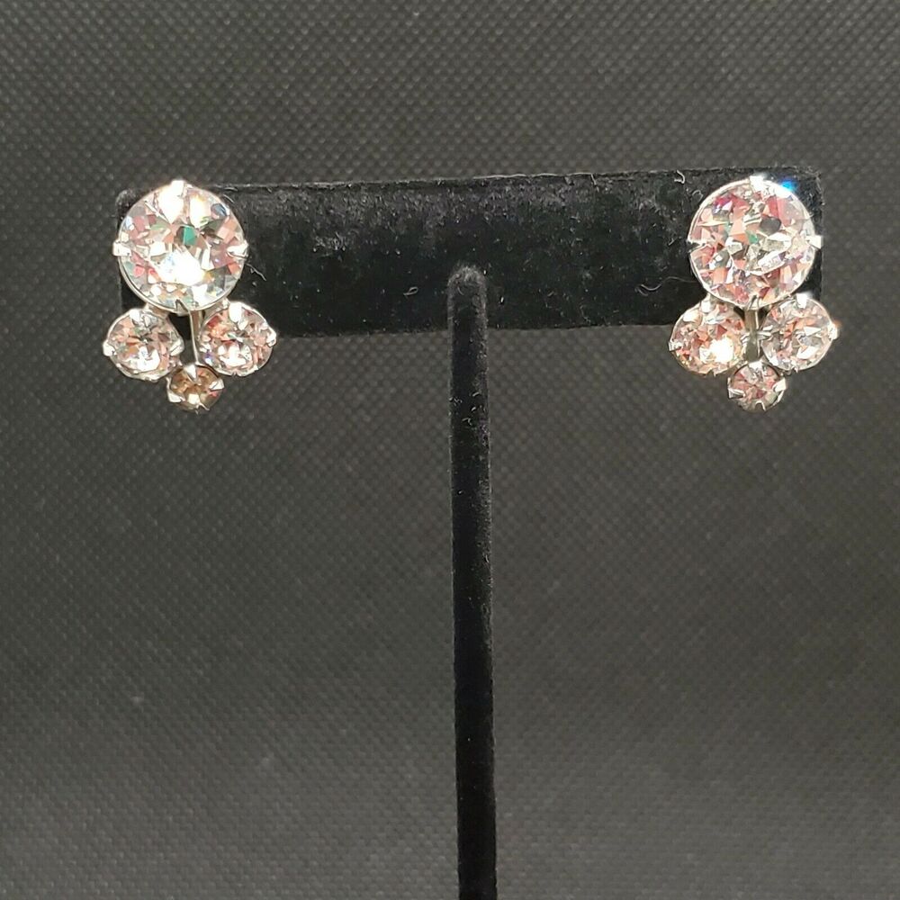 Vintage earrings clip prong set icy white rhinestone screw back Old Hollywood